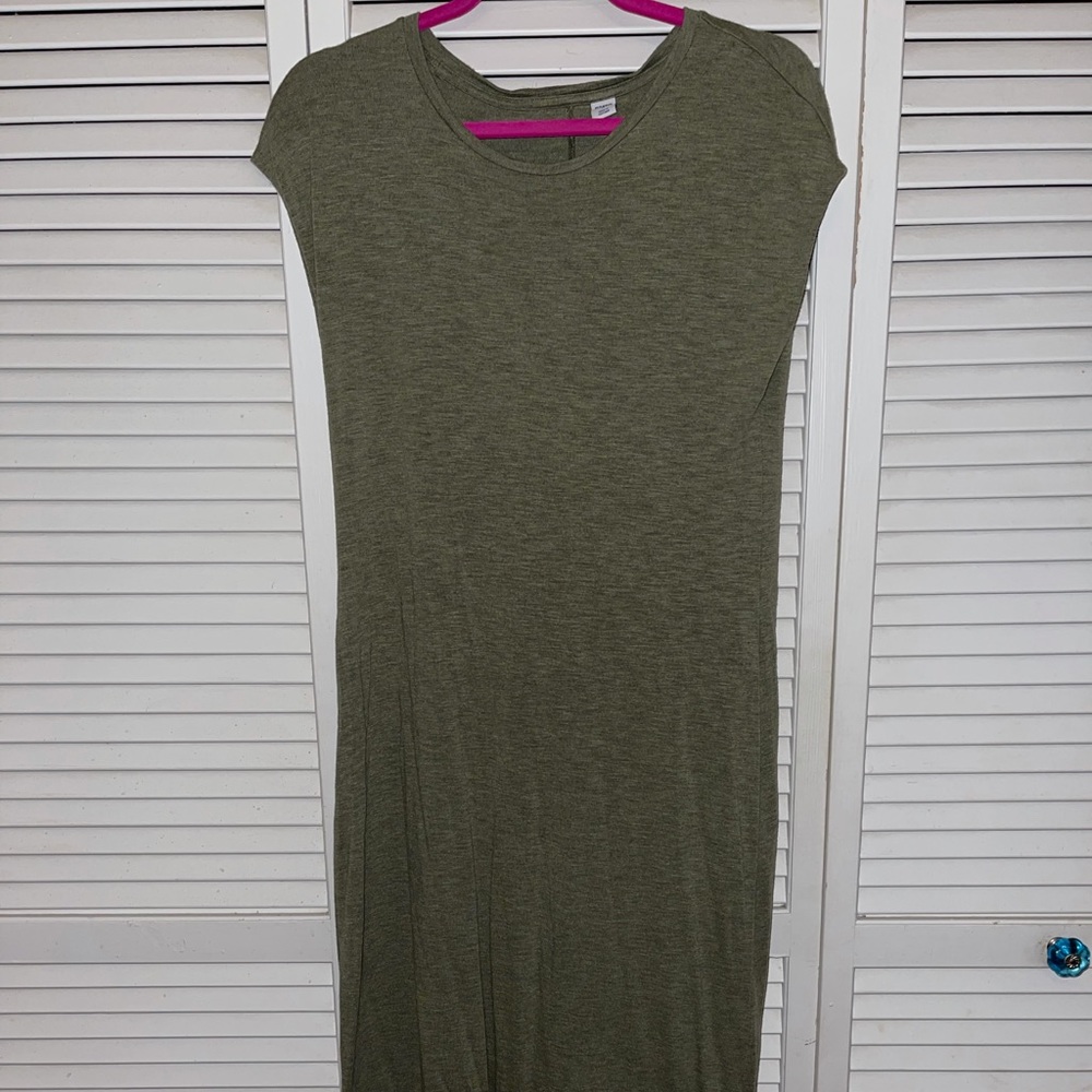 Calf length, slightly fitted olive green dress